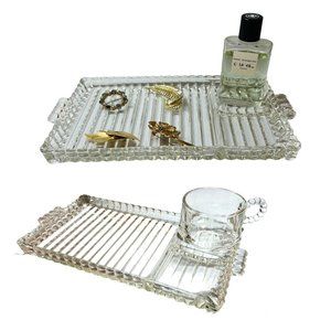 ONE SET Vintage Hazel Atlas Snack-Sip-Smoke Tray & Cup Sets Vanity Jewelry 2 pcs